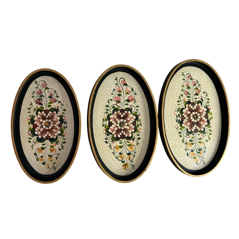 Vintage Floral Hand Painted Nesting Trays Set of 3 Oval Black Gold Crackle Folk